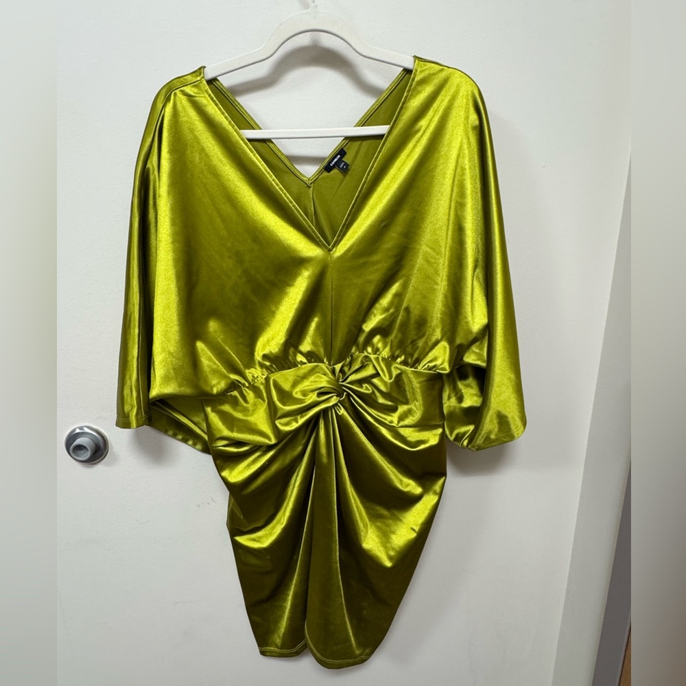 Vibrant Green Satin Dress - Express Size MEDIUM V-Neck